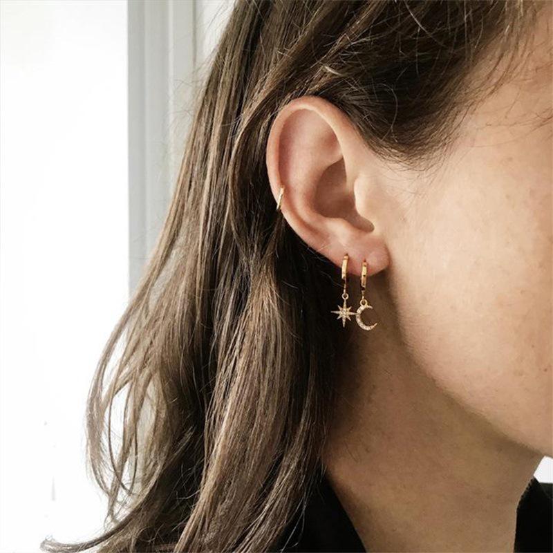 Asymmetrical Rhinestone Star and Moon Titanium Steel Earrings for Women