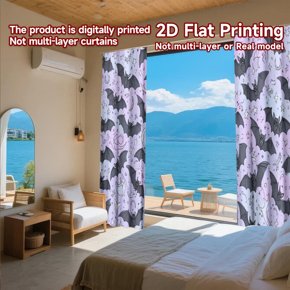 Set Of 2 Flat Printing Curtains Without Rod Halloween Bats Stars April Fools Is Day Festival Fashion Versatile Curtain Polyester