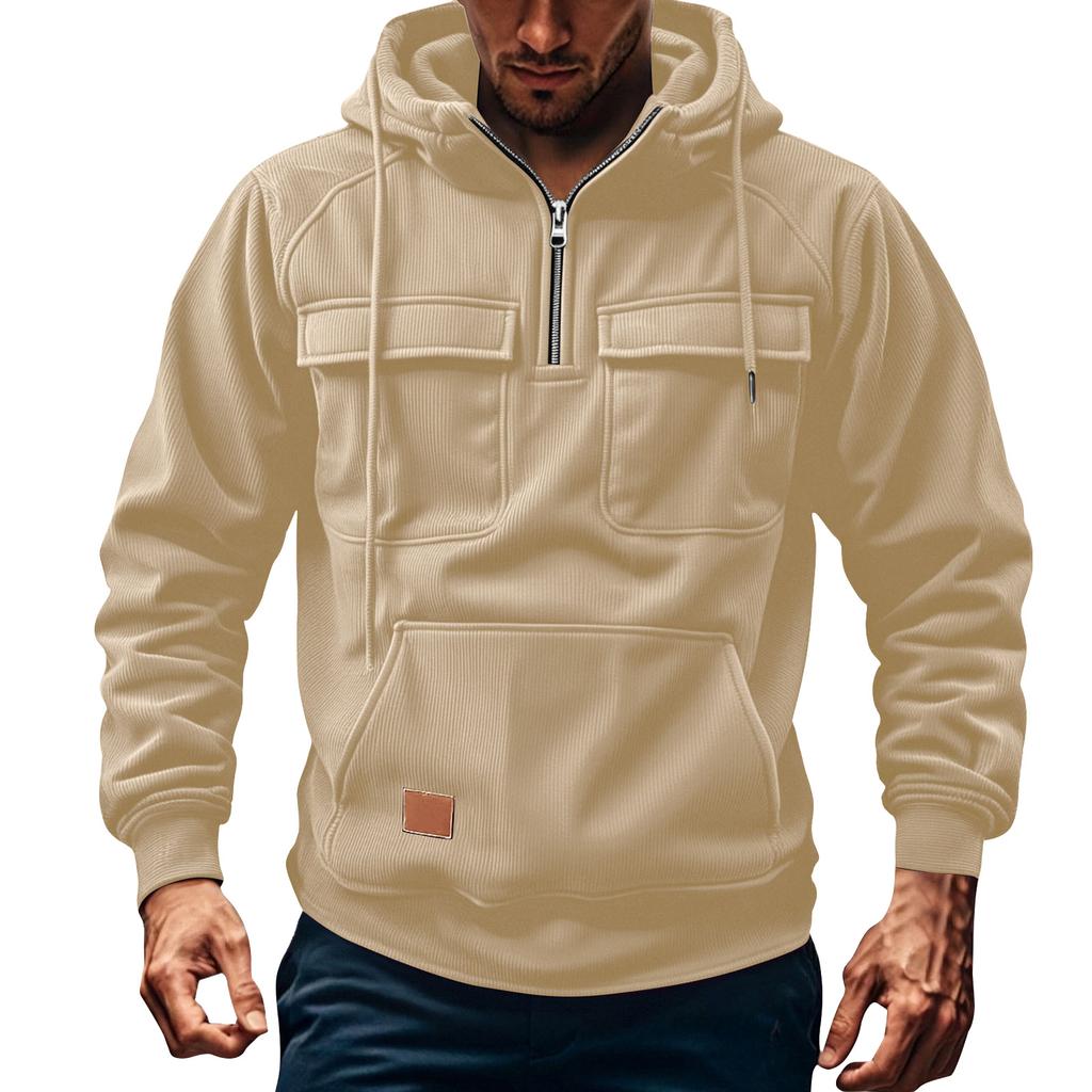 Men's Solid Color Fleece Half Zip Pocket Sweatshirt Hoodie Men's Sports Large Size Casual Sweatshirt