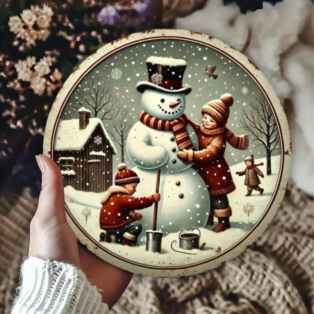 Vintage Snowman Family Metal Round Wall Sign Rustic Christmas Wreath Decor Farmhouse Kitchen Living Room