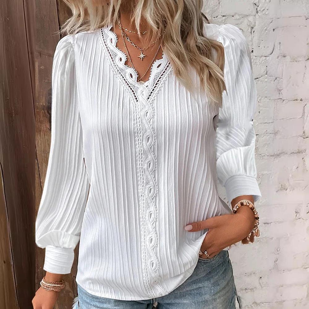 Elegant Hollow Lace Patchwork Women Shirt Chic Long Sleeved V-neck Design Fashion Shirt Plain Lace Casual Basic Regular Tops