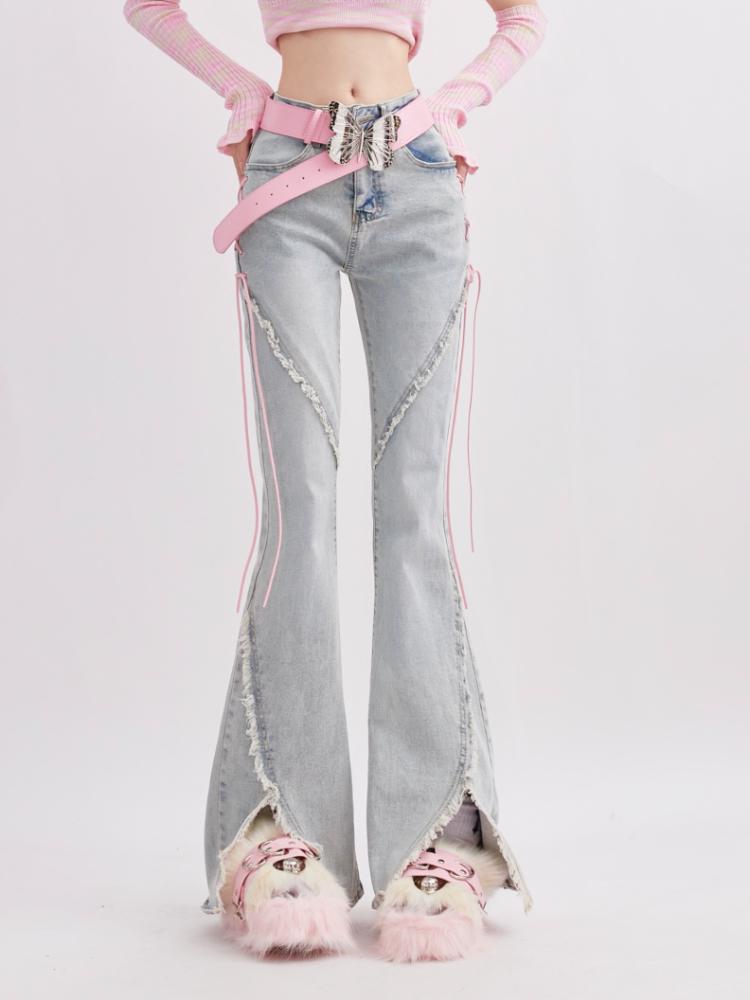 Letní Džínové Vintage Sladké Kalhoty Ženy Slim Šněrovací Korejské Ležérní Zvonové Kalhoty Dámské Japonské Francouzské Elegantní Rozparek Džíny Nové