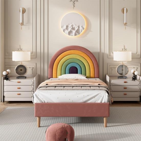 Teen Bed with Height-Adjustable Rainbow Headboard Ergonomic Design Strong Load Bearing Easy To Assemble Youth Bed Home Furniture