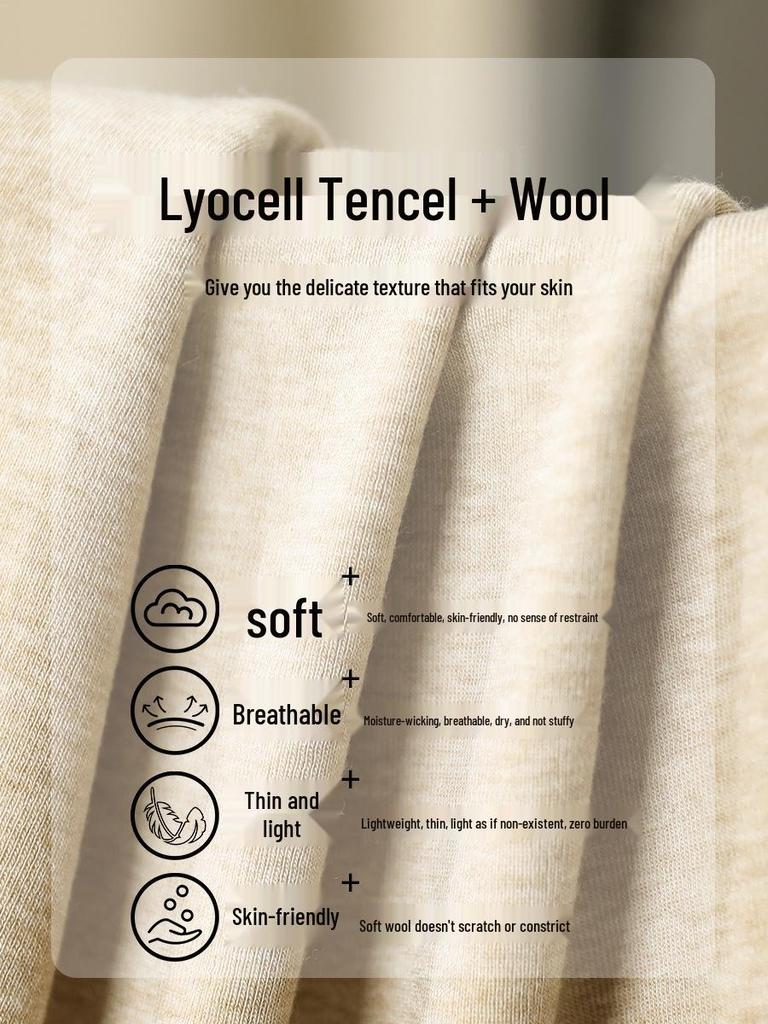Women’s Tencel Wool Long Sleeve Stand Collar T-Shirt, Spring 2026, Thin White Base Layer, Set-in Shoulders