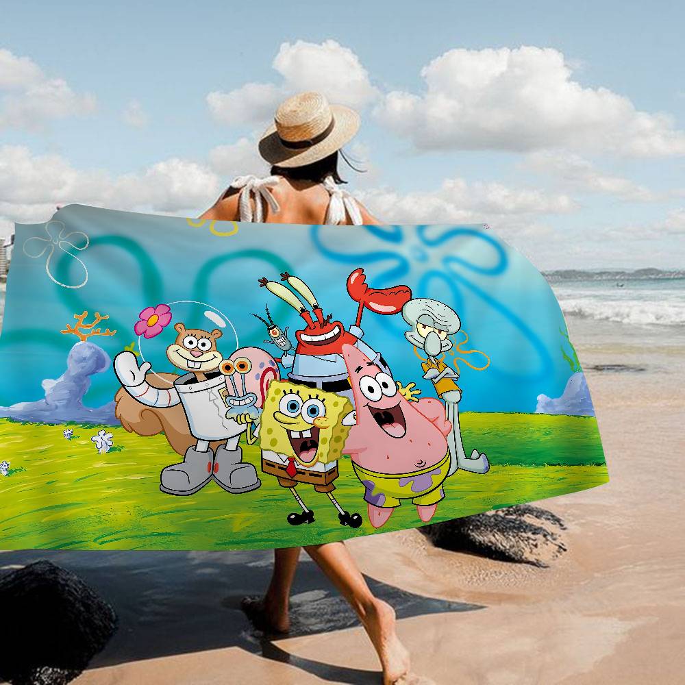 Cute S-Spongebobs Anime Microfiber Blanket Quick Drying Beach Towels Oversized Printing Super Absorbent Pool Towel Blanket