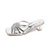 Fashion Rhinestone Flower Women's Slippers Summer New Luxury Fashion Elegant Square Toe Thin High Heels Sandals Women's Shoes Zapatos