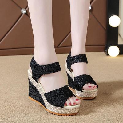 Sandalias de cuña con punta abierta para mujer Verano 2020 - Zapatos Casuales con Plataforma, Tacón Alto y Velcro