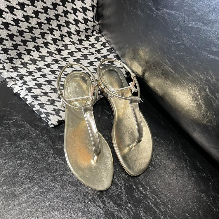Schaflederversion~ Echte Leder goldene Römersandalen Damen Sommerbekleidung Einwort mit flachem Boden rutschfeste Zehensteg-Flip-Flops Schuhe