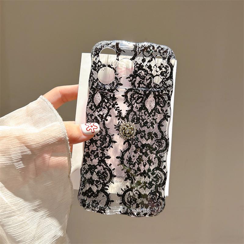 Schwarze Spitze Halbtransparent Doppellagige Handyhülle für iPhone 17/16 Pro Max/14/15
