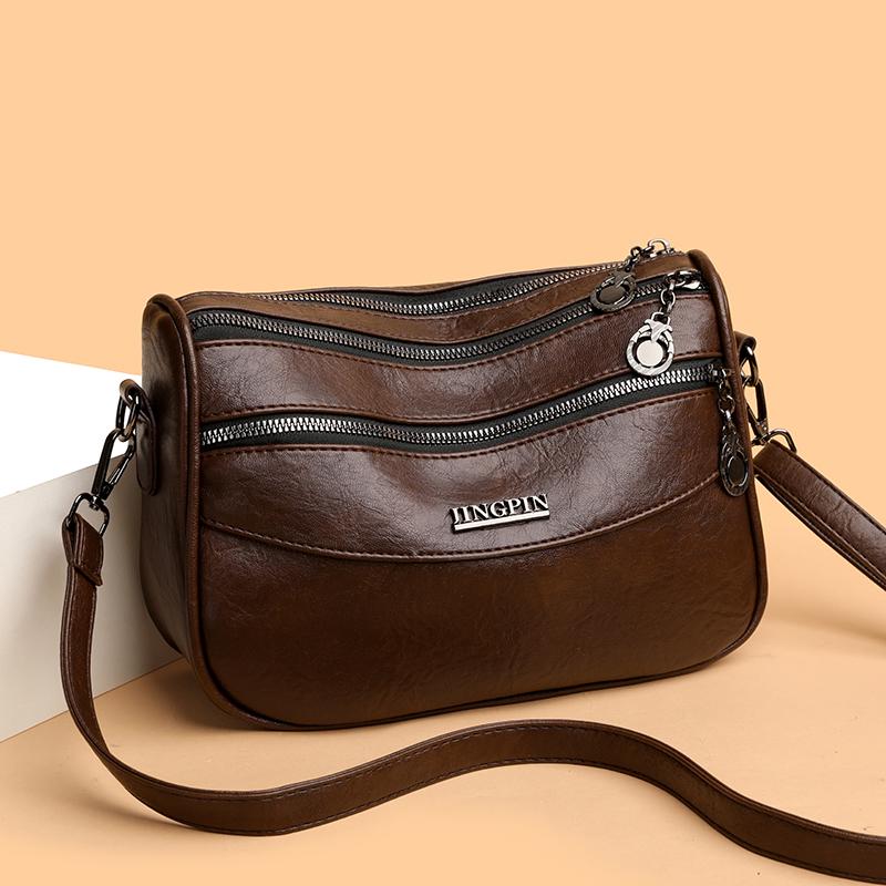 Middle-Aged Women's Bag Vintage Crossbody Bag Multi-Layer Soft Leather Shoulder Bag