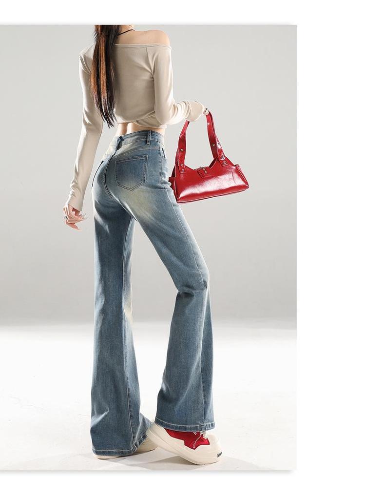 American Retro Mid-Waist Micro-Flare Jeans for Women - 2025 Autumn, Loose Fit, Crease Design