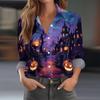 Women's Casual Long Sleeve Half Button Down Shirt with Halloween Print for Fall