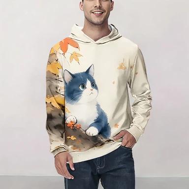 Men's Cat Graphic Print Hoodie Casual Long Sleeve Hoodie for Outdoor Warmth