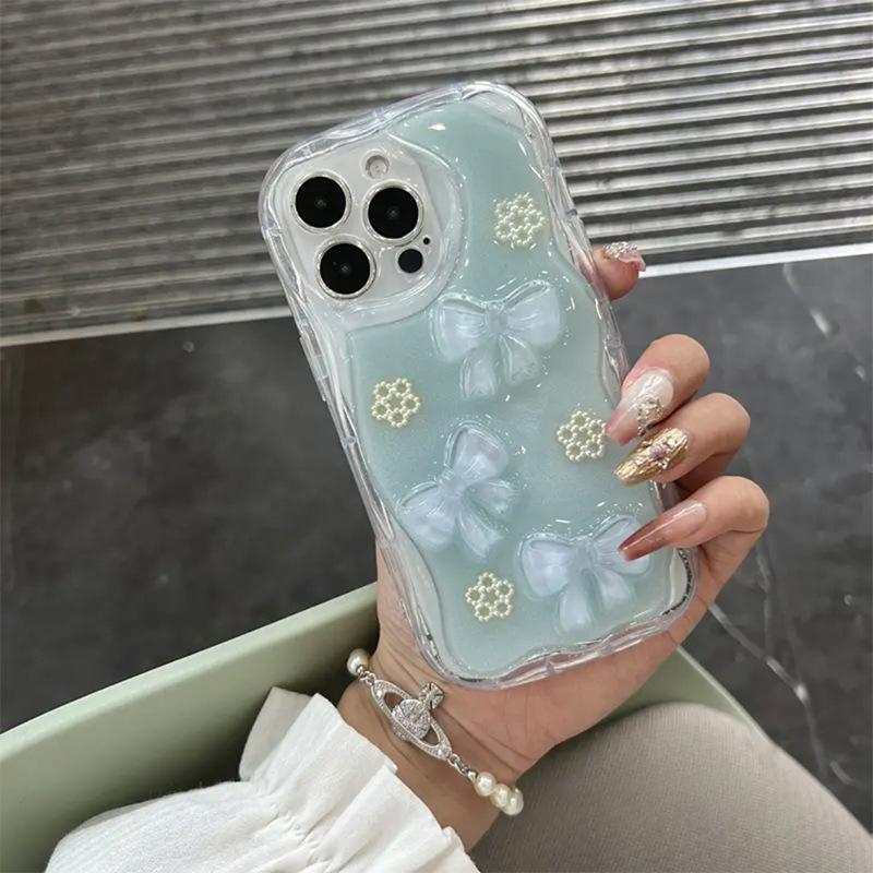 

Pearl Plum Blossom Bow Phone Case for IPhone17promax Three-dimensional for Apple 16 Blue Glitter Epoxy For iPhone 7/8/SE 2020
