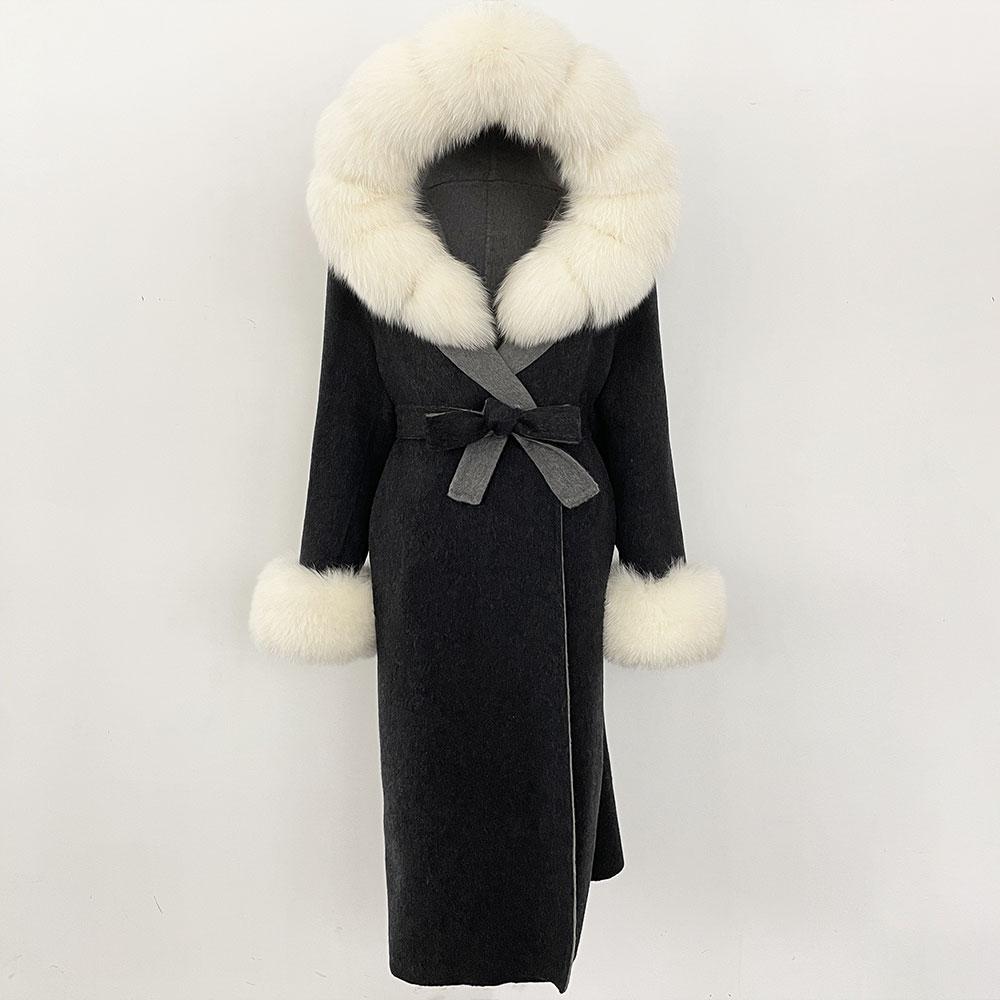 OFTBUY Winter Women Coat Real Natural Fox Fur Hooded Detachable Collar Double-faced Woolen Jacket Long Casual Elegant Overwears