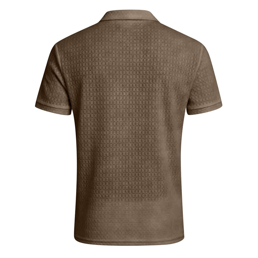 Men's New High-End Nylon Stretch Lapel Zipper Short Sleeve Plaid Casual Sports Golf Shirt