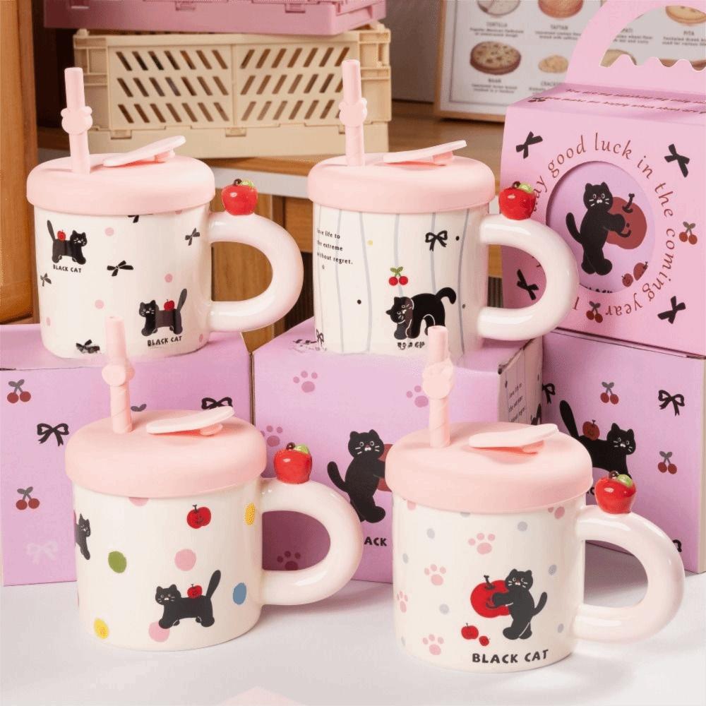 With Straw Ceramic Coffee Mug with Handle Water Cup with Lid Cartoon Cat Drinkware Birthday Gift