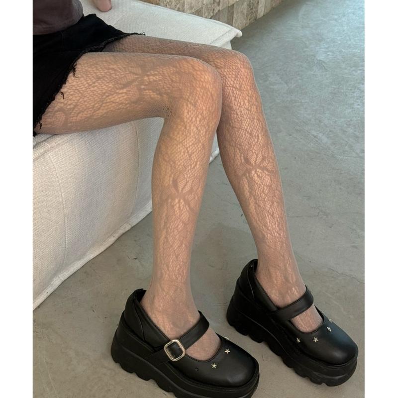 Women Sexy Hollowed Sheer Fishnet Pantyhose Aesthetic Vintage Butterfly Jacquard Patterned Leggings Colored Mesh Tights