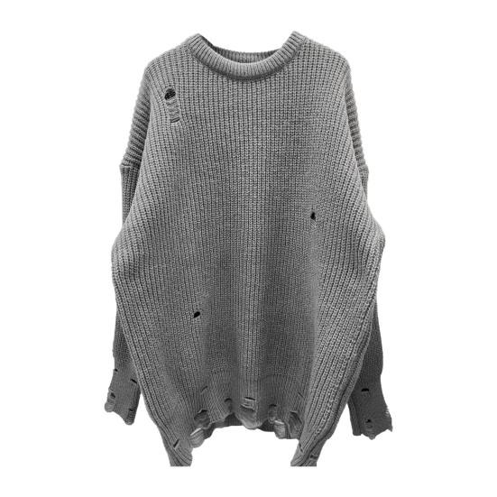 Women Sweater Three-Dimensional Tailoring Loose Fit Soft Knitted Sweater O-Neck Long Sleeve Ripped Holes Mid-length Tops