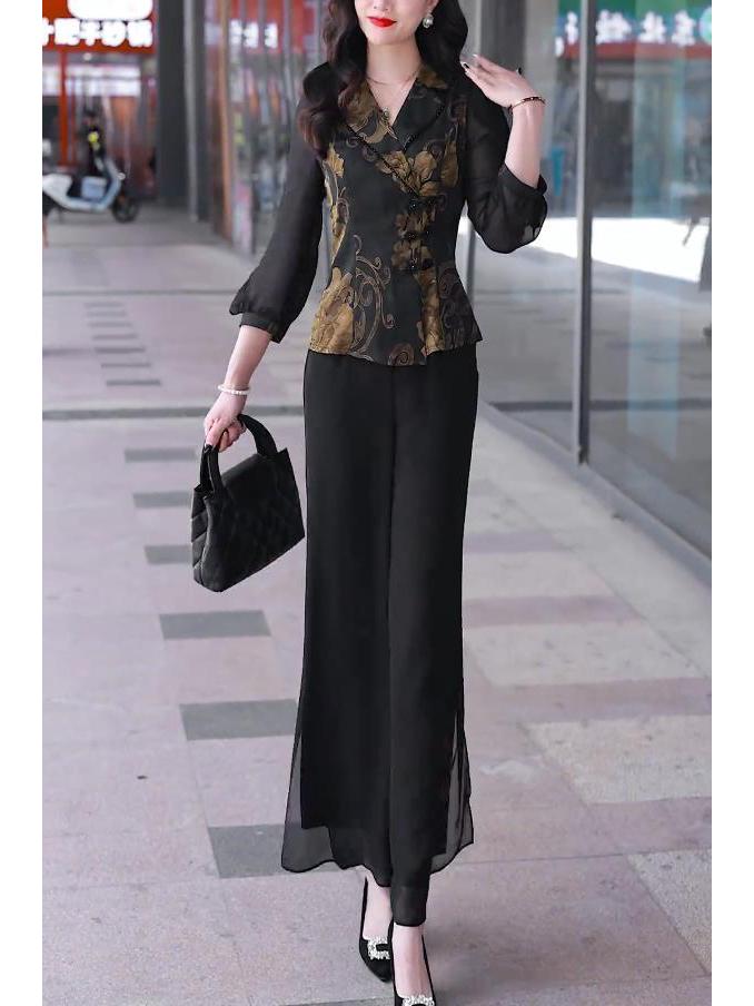 Luxury Women's Chinese-Style Wide-Leg Pants Set - Spring 2025 Collection: Elegant Two-Piece for Spring & Autumn