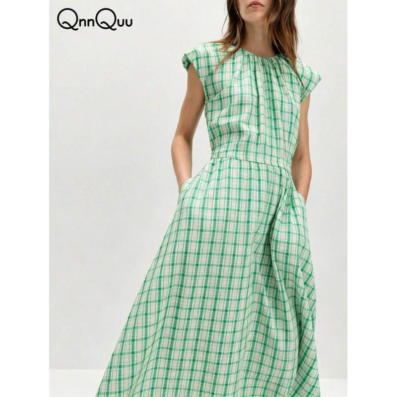 European summer elegant green plaid back hollow short-sleeved round neck long A-shaped dress S