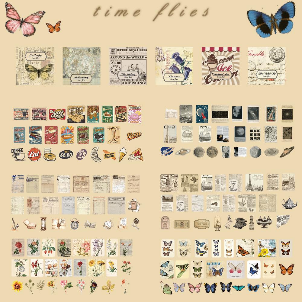300 Sheets Vintage Butterfly Flower Washi Scrapbooking Stickers Set 6 Different Styles MINI Box DIY Collage Material Stickers