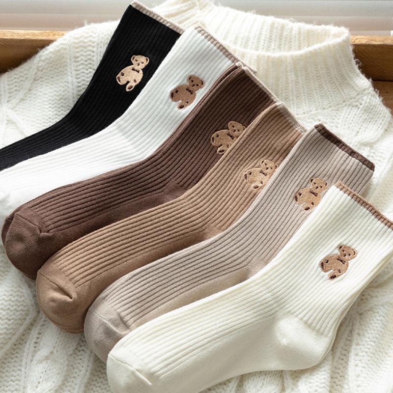 Little Bear Women's Cute Japanese Korean Style Mid-Calf Socks - Spring, Autumn, Summer Solid, Autumn and Winter Options