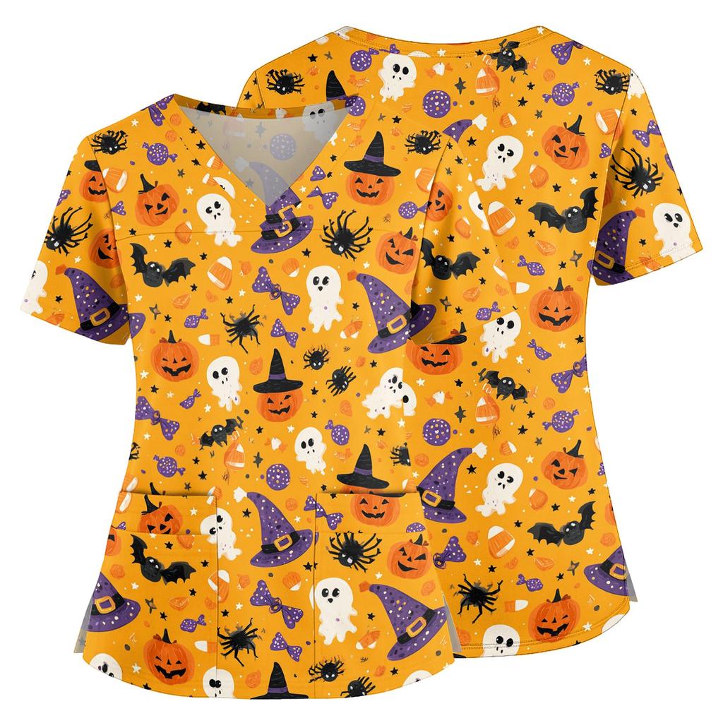 Womens V Neck Halloween Print Medical Scrub Top with Pockets Side Slits Short Sleeve Work Shirt for Healthcare Professionals
