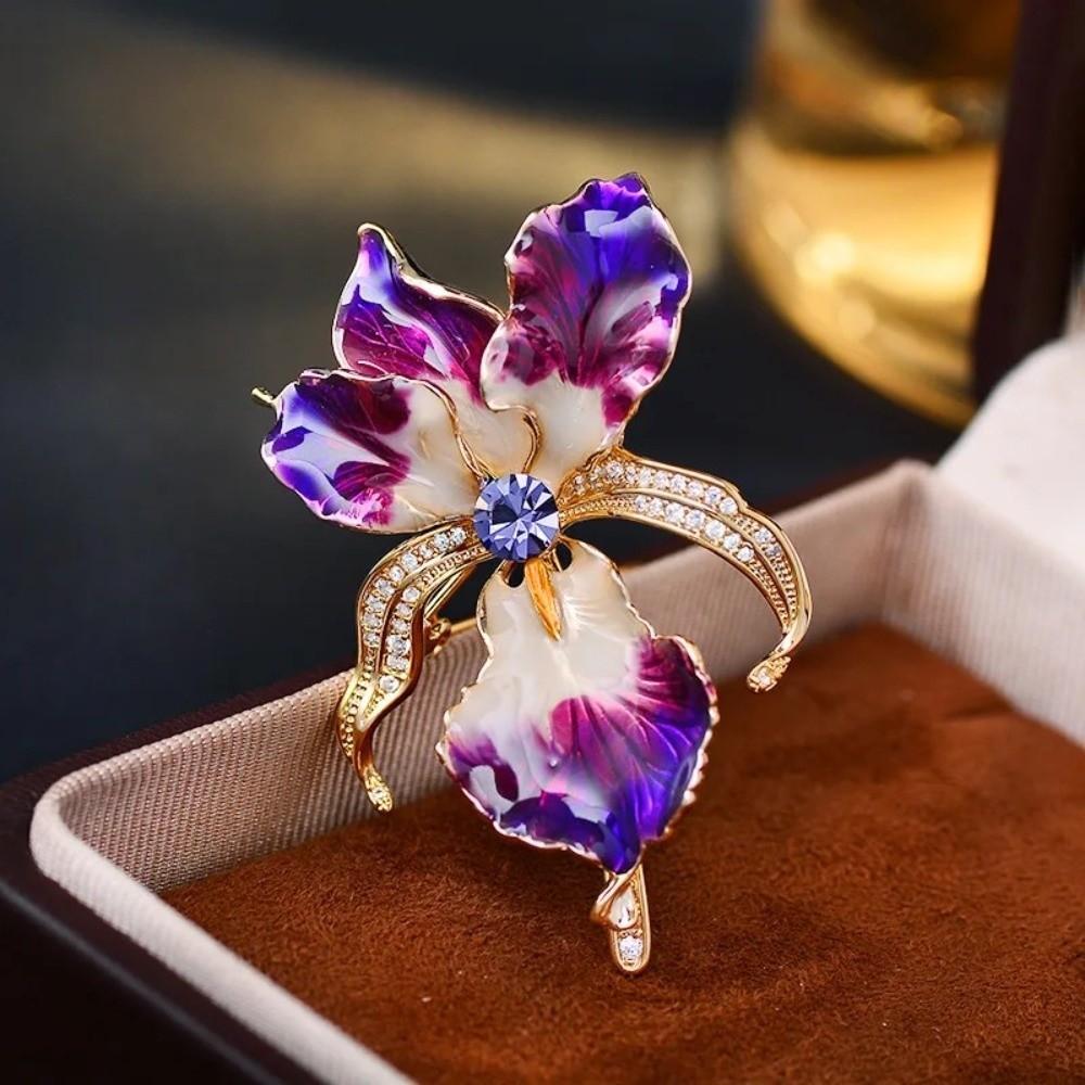 Rhinestone Enamel Lapel Pin Sparkling Plants Badge Vintage Iris Flower Brooch  Suit