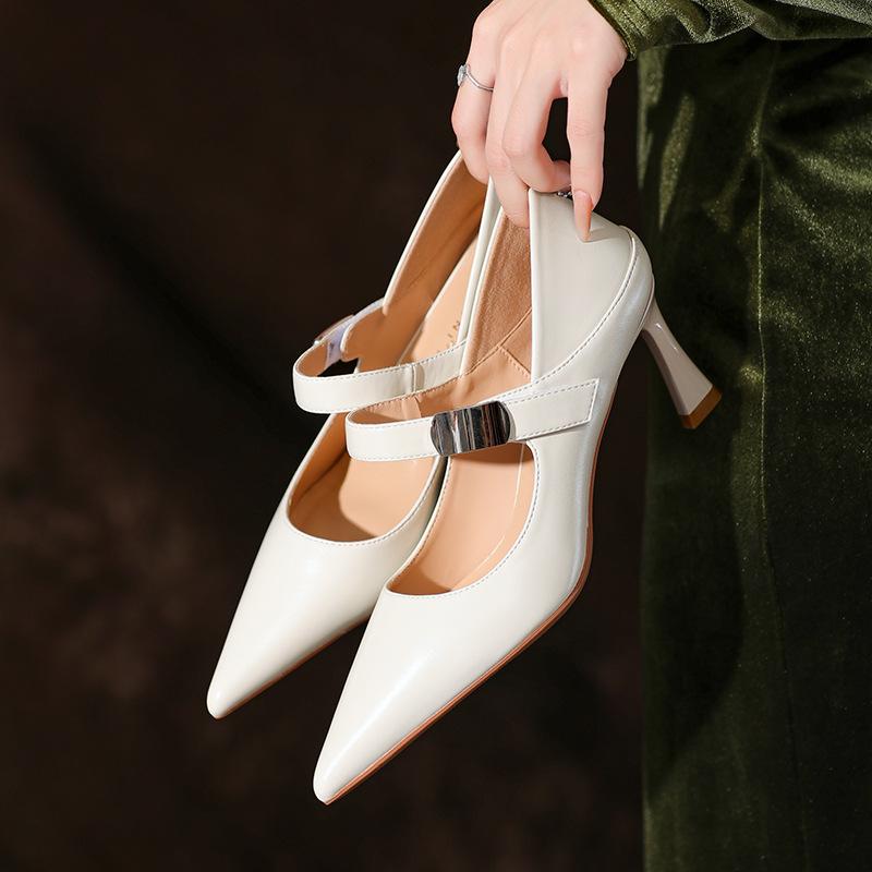 

Sheepskin high heels women s thin heels with pointed toes are not tired of feet, one-word buckle single shoes temperament spring and autumn new models 39