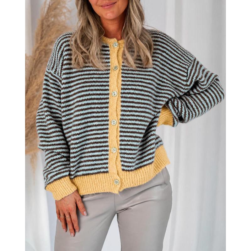 Cardigan lavorato a maglia a righe da donna con scollo rotondo, maglione casual a cappotto