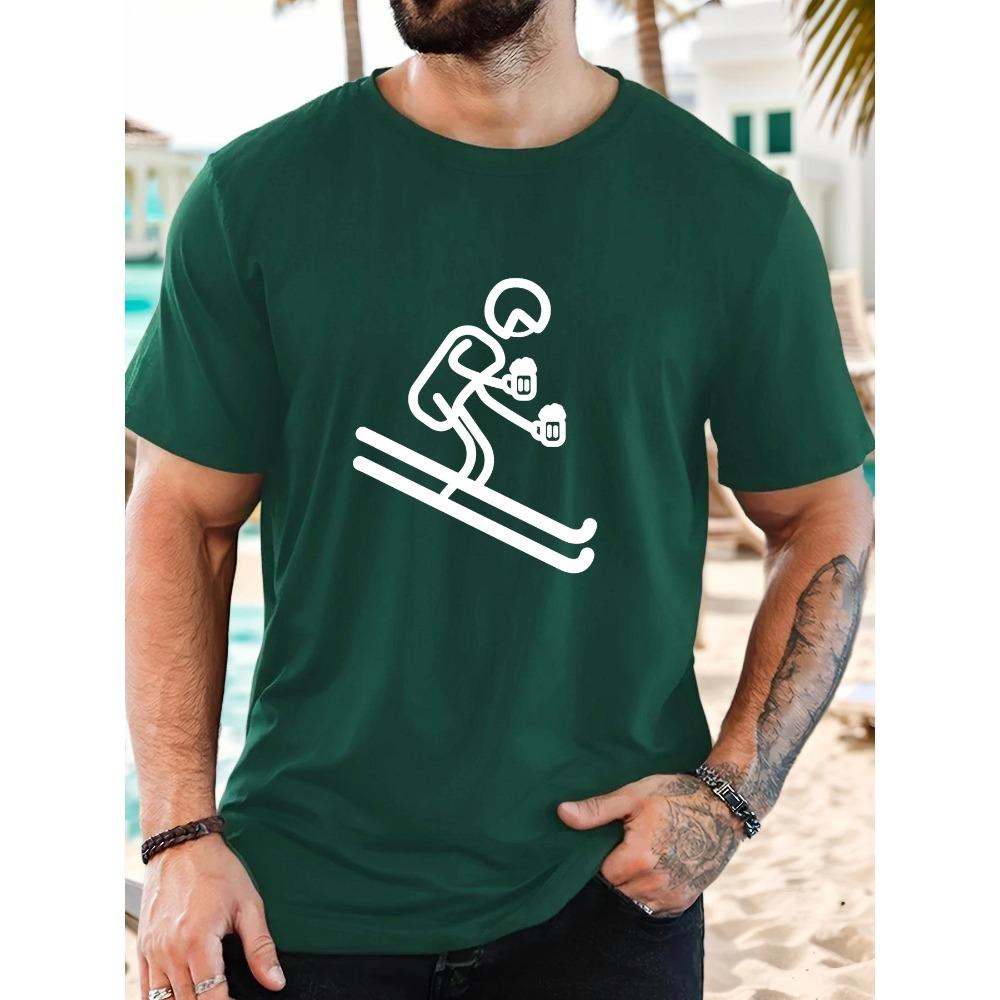 Male Skier Holding Beer Pattern Summer Casual Crew Neck Short T-shirt