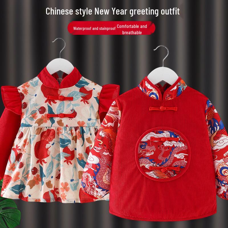 Children's Chinese-Style Corduroy Coverall: Waterproof, Dirt-Proof, Reversible Tang Suit Apron for Boys & Girls, Ideal for Autumn and Winter.