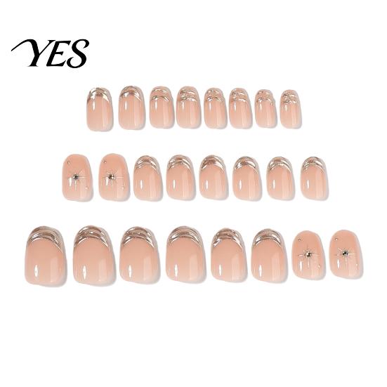 Glue on False Nails 24Pcs Short Oval Press for Women, Silver-color Tip Rhinestone Reusable Fake Star Nails, Removable Stick-on Decoration Nude Color 24PCS