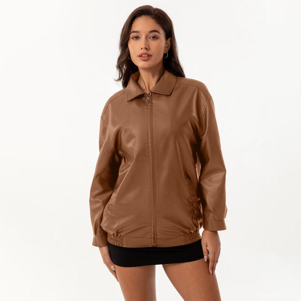 Fall Winter Women Lapel Collar Long Sleeve Slim Fit Zipper Pu Leather Jacket