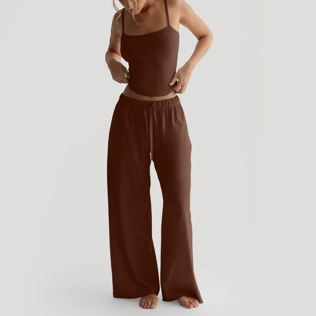 Women's Solid Color Vest, Camisole Top, Long Pants, Casual Wide Leg Pants, Home Set