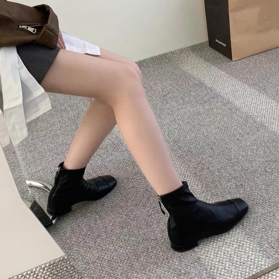 Leather Square Head Low Heel Martin Boots New Versatile Bare Boots Rear Zipper Short Boots Women