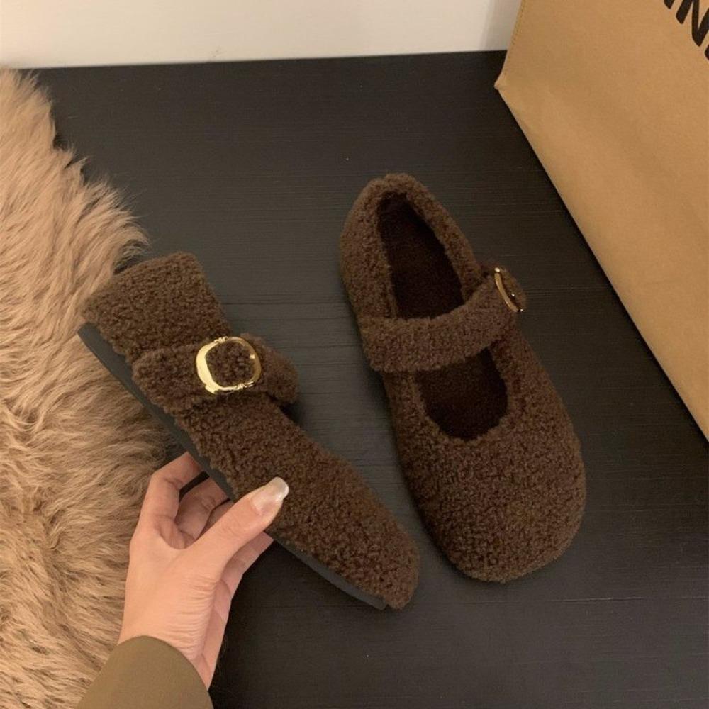 Fashion Fashion Square Toe Fleece Flet Ballet Flats Woman Winter Warm Wool Mary Jane Shoes Ladies Brand Design Elegant Plush Loafers