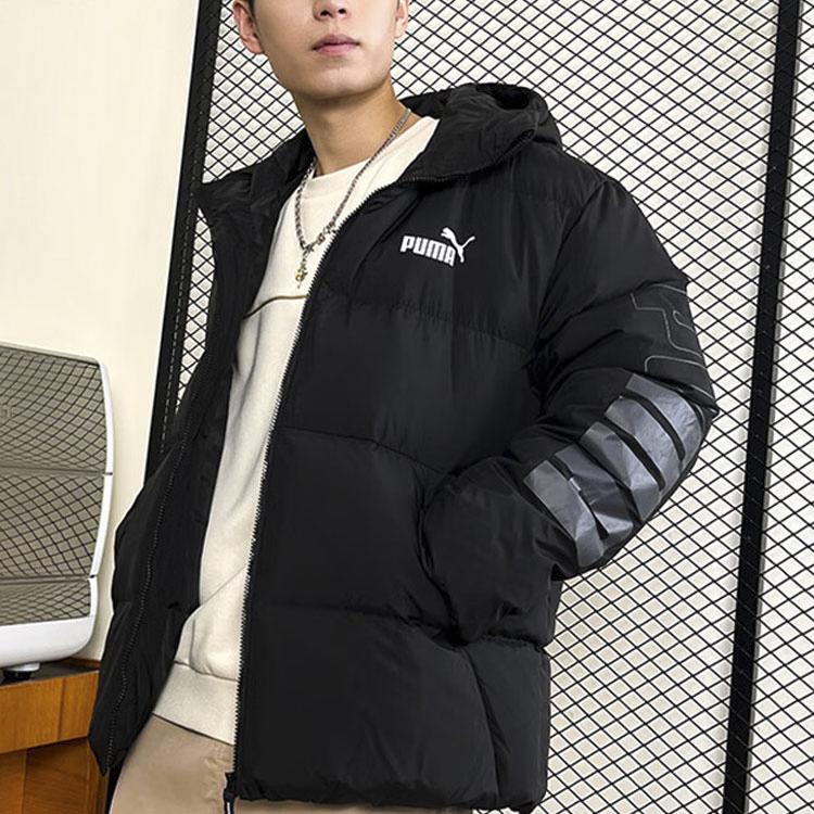Puma Pánské ležérní péřové bundy s potiskem písmen, s kapucí a dlouhým rukávem, Černá 678720-01