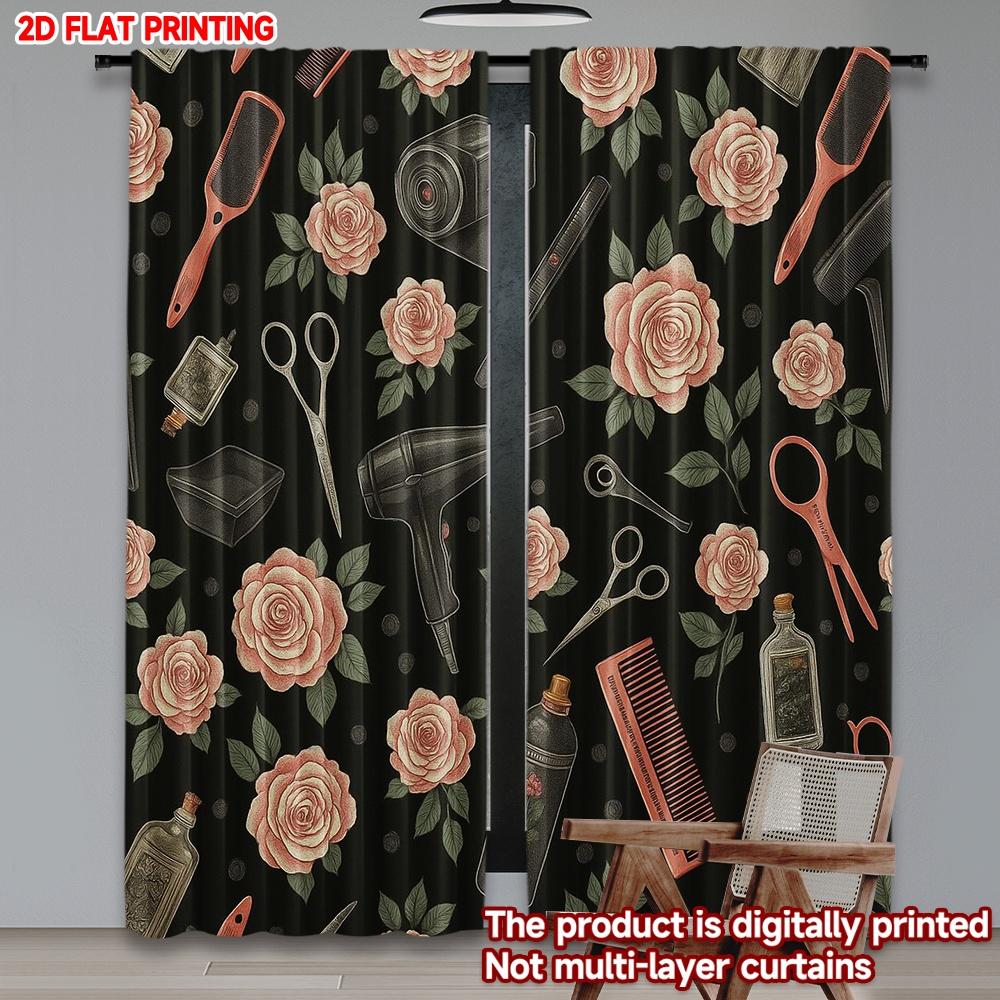 2D flat printing 2pcs Window Treatment Curtains Barber shop1 Digital Printed Polyester Drapes Festive Wall Decor Perfect for
