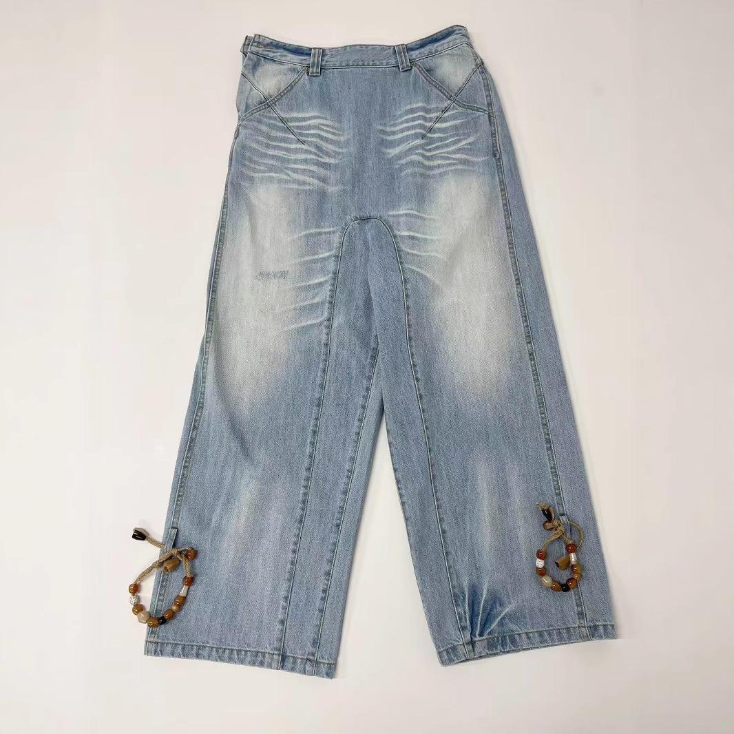 

Women s Drawstring Low Crotch Beaded Denim Jeans in Blue Large джинсовый синий