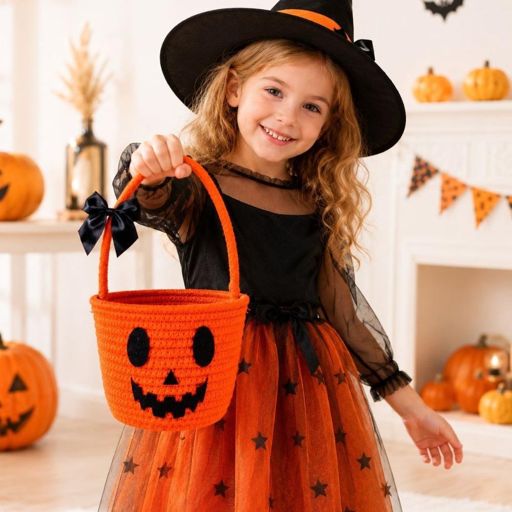 Baumwollseil Handgehaltene Leckerli-Körbchen Geflochtenes Kürbis-Geschenkkörbchen Kürbis-Süßigkeiten-Eimer Halloween