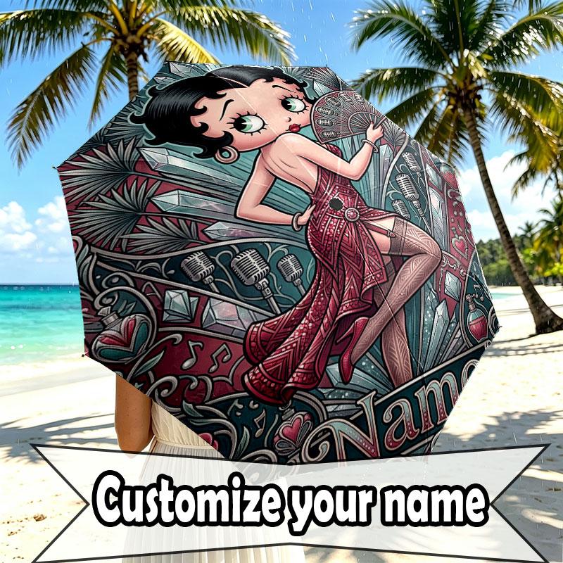 Spersonalizowany Parasol z Nadrukiem Betty Boop z Imieniem, Automatyczne Otwieranie i Zamykanie, Wytrzymały Stelaż z 8 Żebrami, do Codziennego Użytku, na Kemping i Piesze Wycieczki, Prezent Urodzinowy