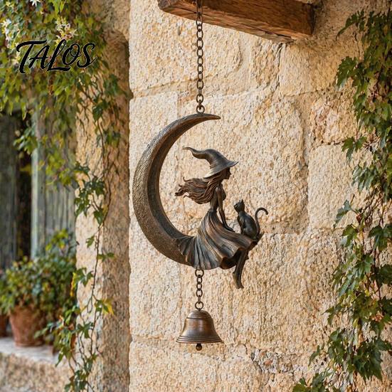 Witch Decor for Home Moon Wind Chime, Gothic Crescent with Black Cat Hanging Bell, Meditation Space Accents Mystical Garden Porch Patio Balcony
