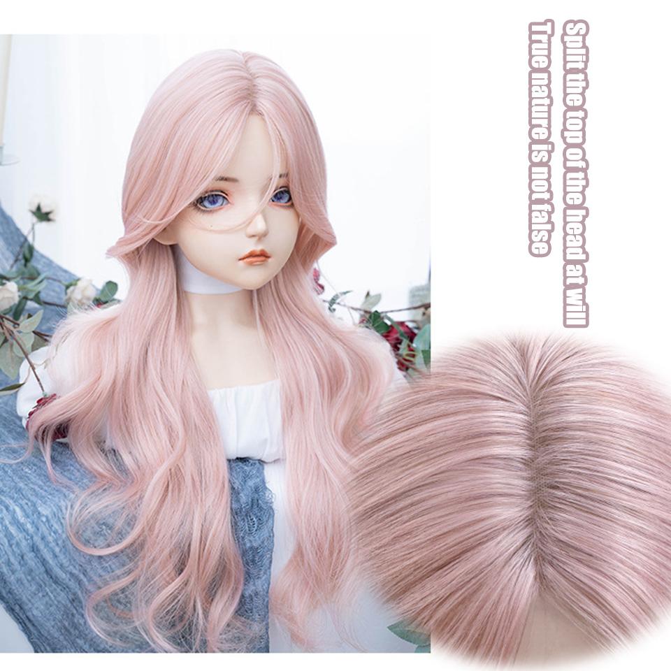 WTB Pink Long Curly Hair Synthetic Wig Female Full Head Lolita Eight Bangs Big Wave Girl Pink Natural Wig Hair Cover