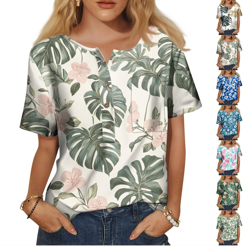 Women's Fashion Casual Short Sleeve Print Round Neck Pullover Top Blouse