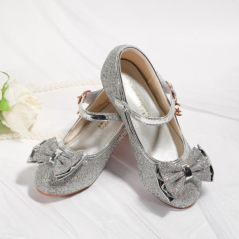 Girls Glitter Bow High Heel Princess Shoes Kids Party Crystal Performance Dress