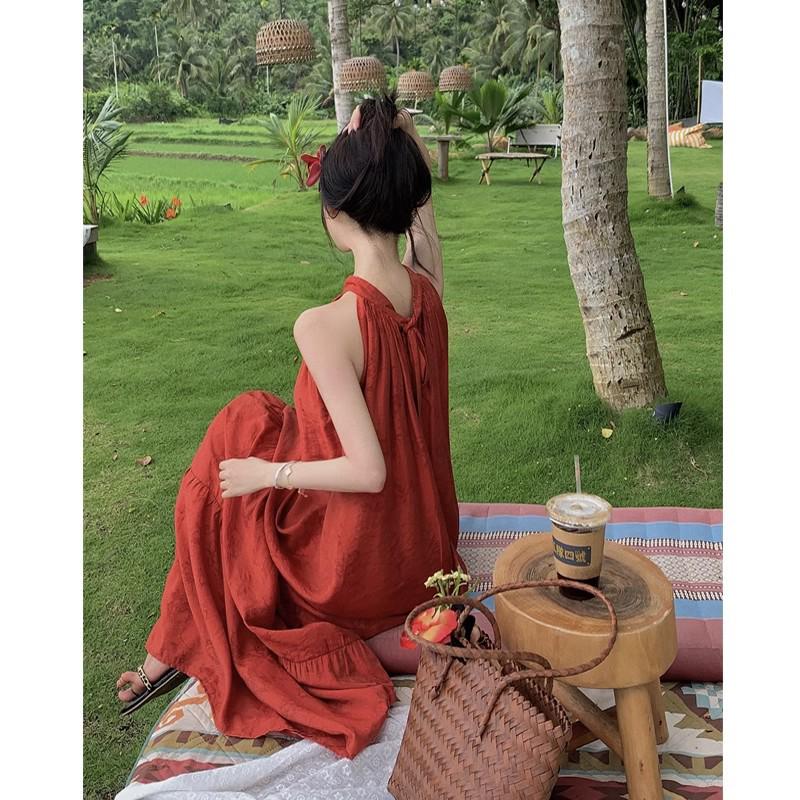 2025 Summer Retro Red Halter Dress: Elegant Long Dress for Travel Photography