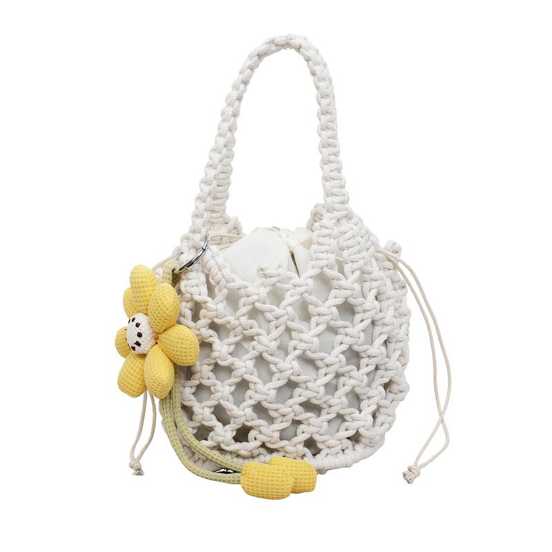 Cotton rope hollow women s handbag summer beach weaving holiday women s bag vegetable basket draw belt handbag