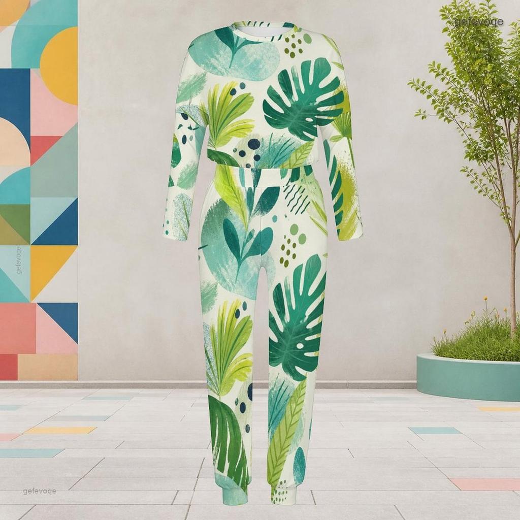 Women Plus Size Two Piece Set Round Neck Long Sleeve Tropical Leaf Printed Cuffed Top Cuffed Pants With Pockets
